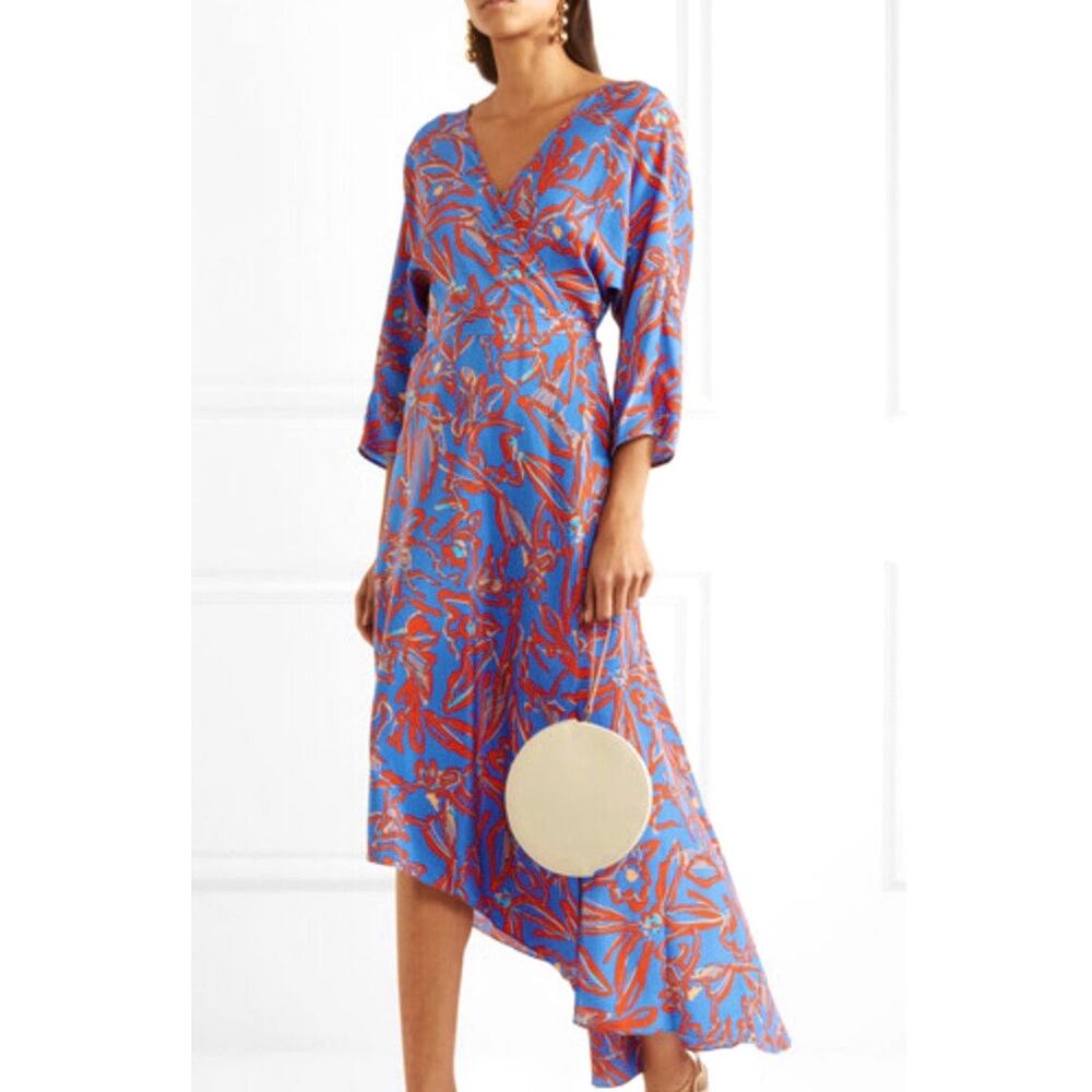 NWOT $598 Diane von Furstenberg Elsden Floral 3/4 Sleeve Asymmetric Hem Dress S